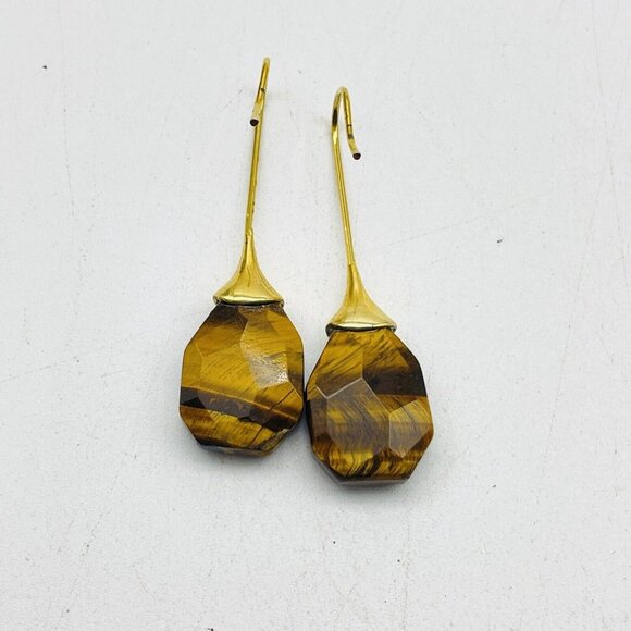 Simulated Tigers Eye Earrings Gold Tone Faceted Boho Festival Party Hippie - Picture 2 of 8